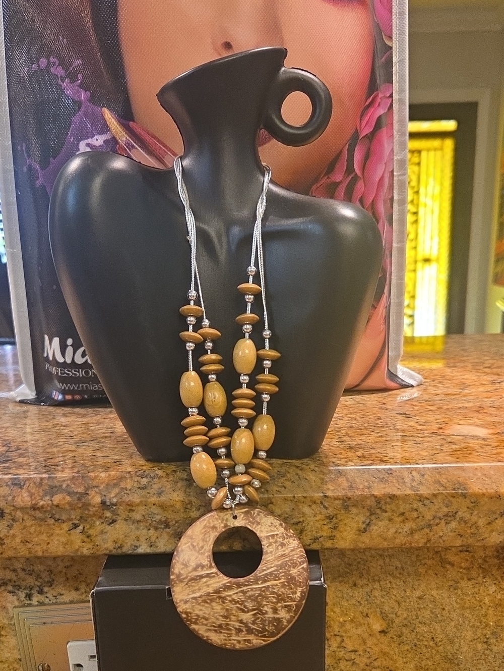 Boho Tan Wooden Bead Necklace with Round Coconut Pendant [1417]